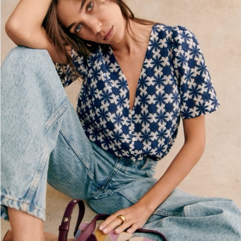 Sezane  Blue and White Emma Lace Blouse